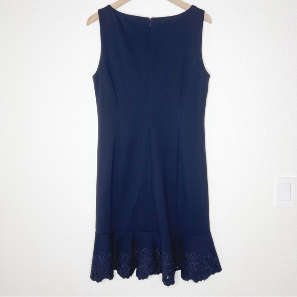 Talbots RSVP Embroidered Flounce Sheath Dress Navy Ponte Sleeveless size 12 NEW - Picture 4 of 10